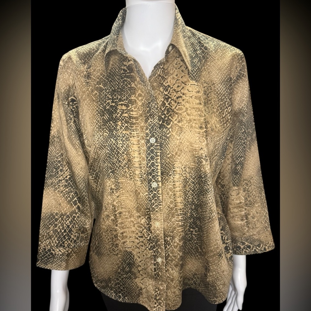 RALPH LAUREN Lauren Tan Snake Animal Print Top Blouse Size PETITE LARGE Womens